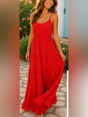 Flying Tomato Red Tiered Maxi Dress with Ruffle Tiers Size: Medium NWOT